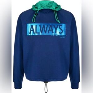 Valentino Blue Hoodie with “ALWAYS” Graphic & Green Hood, Size S, Pre-Loved
